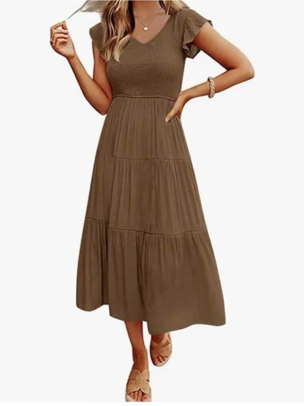 MEROKEETY  Flutter Sleeve Smocked Midi Dress V Neck Tiered Dress XL